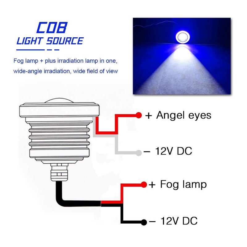 KaiDengZhe 2PCS Super Bright 3" Projector Universal LED Fog Light 12V 10W Blue COB Halo Angel Eye Rings For Moto Headlight Car Daytime Running Light DRL Driving Light Fog Light Bulb - Image 3